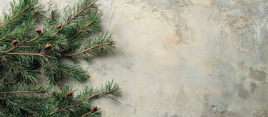 Vintage Christmas Tree Toys on Evergreen Branch over Concrete Backdrop with Blank Space for Holiday Decoration Ideas and Celebrations