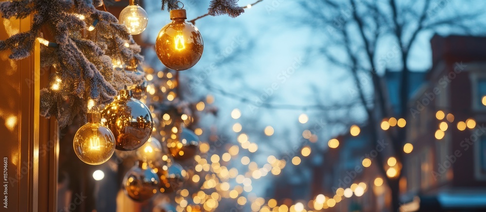 Poster vintage edison bulbs adorned in a festive street setting with trees and buildings illuminated agains