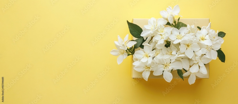 Poster jasmine flowers beautifully arranged in a gift box against a vibrant yellow background creating a ch