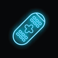 Blue neon icon of a remote control glowing on a dark background