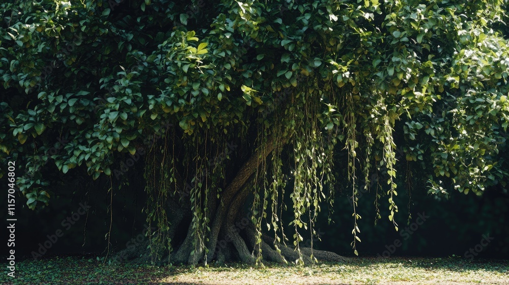 Poster lush weeping fig ficus tree with cascading foliage in natural sunlight setting