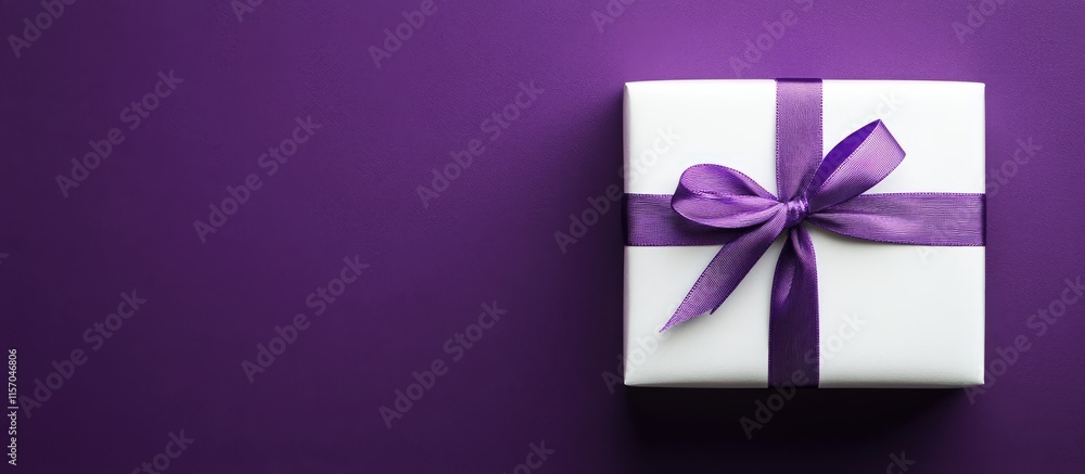 Poster Elegant white gift box with purple ribbon on a lilac backdrop offering ample copy space for custom text and festive message design.