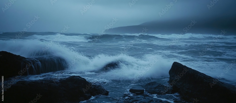 Poster Waves crashing on rocks at dusk create a dreamy cloud-like effect with long exposure showcasing the beauty of nature's elements.