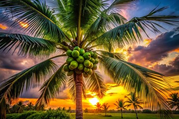 Silhouette of Green Coconuts on Palm Tree at Sunset