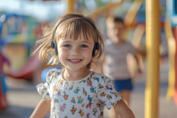 Smiling girl enjoys music while playing at a colorful playground on a sunny afternoon