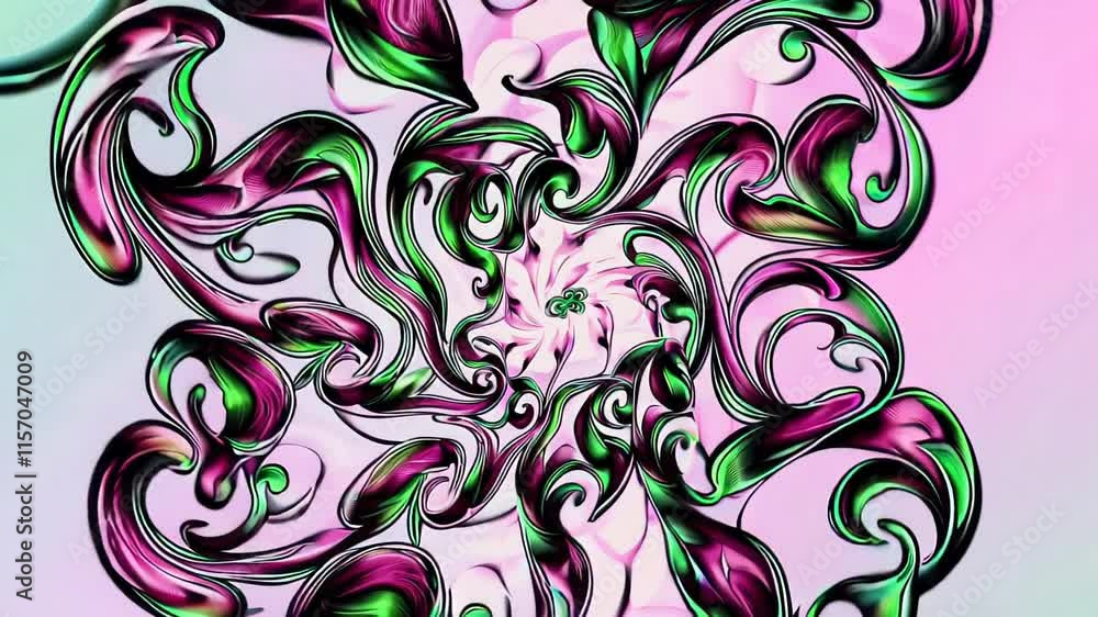 Poster swirling abstract pink and green patterns on a soft gradient background