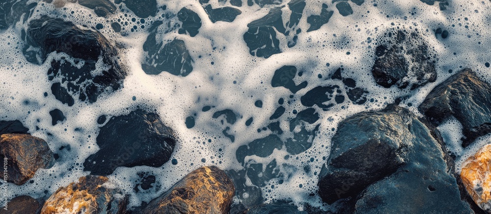 Poster Serene coastal view of ocean waves crashing against textured rocks with foam creating a dynamic contrast in natural colors