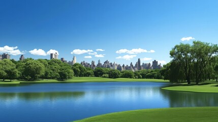 Fototapeta premium Serene lake landscape in a city environment.