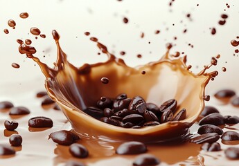Coffee drink and coffee beans splashing from cup of coffee isolated on white background. Conceptual coffee drink image