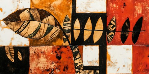 Abstract painting of leaves in warm colors on a textured background.