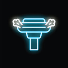 Blue neon icon of a shaving razor glowing on dark background