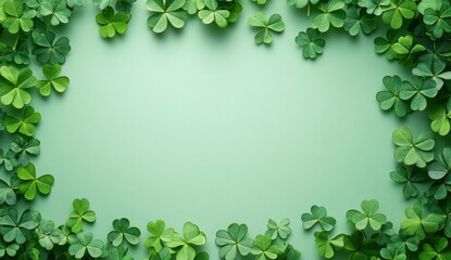 Lush Green Shamrock Leaves Frame on Soft Mint Background for St. Patrick's Day, Celebrations, and Nature Inspired Design Projects