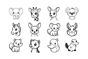 Cute Baby Animals Heads Vector Line Art Illustration, Adorable Minimalist Designs.