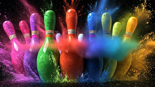 Colorful bowling pins surrounded by vibrant powder at a fun bowling event