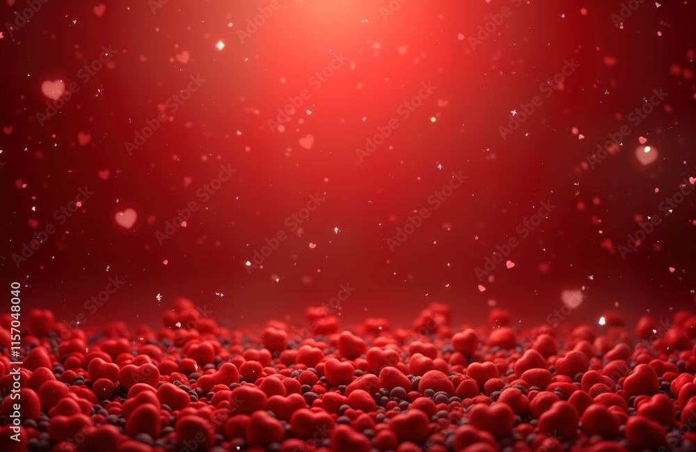 Poster red gradient background with many small hearts. red hearts scattered on surface, small hearts floati