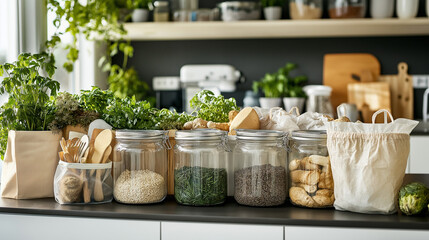  Family Happily Using Eco-Friendly Products in Their Kitchen, Featuring Glass Jars, Reusable Bags, and Composting Bins for an Eco-Conscious Brand