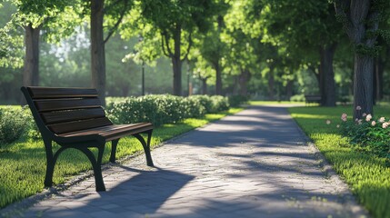 Serene park path with sunlight and greenery.