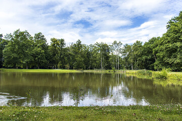 Obraz premium Park with trees and lake. A beautiful park on a sunny summer day. Blue sky with white clouds. Lake, trees on the shore around the lake.