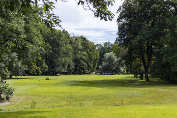 A beautiful green park with manicured green grass and large leafy trees. Park on a sunny day, nature, grass, trees, sky.