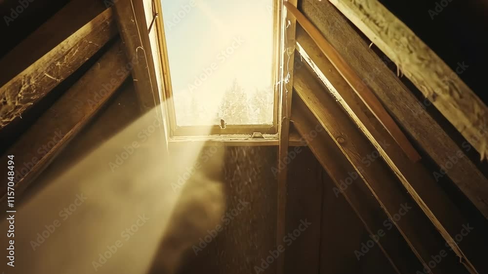Poster light filters through a window in a rustic attic, illuminating dust particles in the warm sun