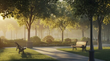 Obraz premium Serene park scene with trees and benches.