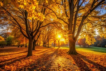 Silhouette of Trees in Autumn Park with Fallen Yellow Leaves