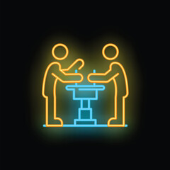 Fototapeta premium Neon sign of two political candidates participating in a debate, standing at podiums with microphones