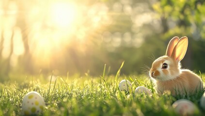 A serene Easter scene features a playful rabbit amidst colorful eggs in a sunlit meadow, symbolizing renewal and the joy of spring celebrations, inviting families to enjoy the festivities