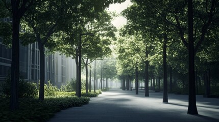 Obraz premium Serene pathway lined with lush green trees.