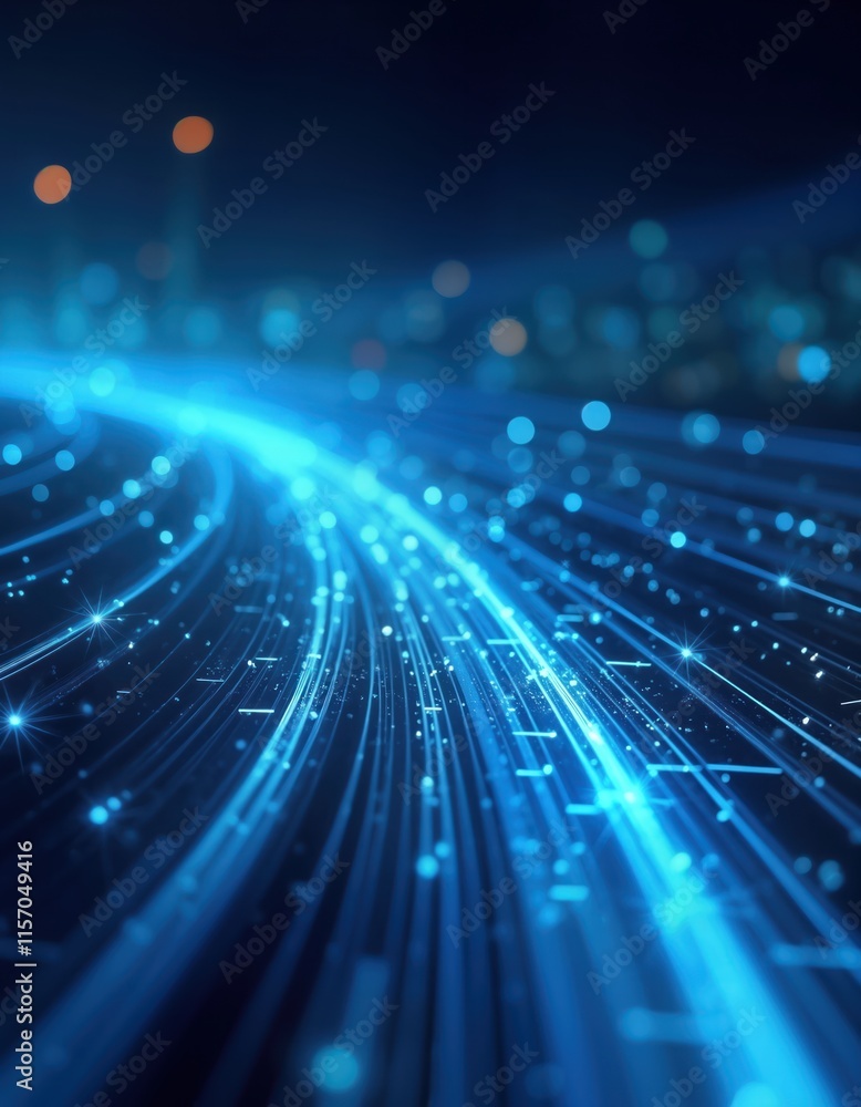 Poster Abstract futuristic illustration shows high speed data transmission with blue light streaks, fiber optic lines. Digital network connection technology concept. Advanced wireless data flow. Cyber