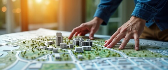 Architect examines city model on detailed map. Person analyses urban development plan. Planning, design of infrastructure project. Residential area, transportation elements. Creative conceptual