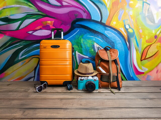 Vibrant graffiti backdrop enhances a scene of travel essentials: suitcase, backpack, hat, sunglasses, and camera, all set on a rustic wooden surface, ready for adventure.