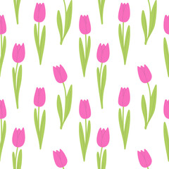 Tulipes pink pattern, hand drawing flowers with leaves, on white background. Design for romantic, lovers and Valentines day, wedding.