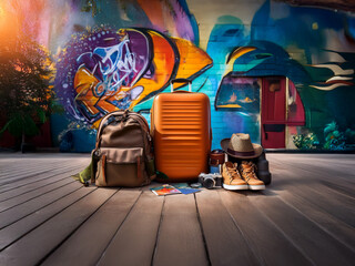 A vibrant graffiti wall sets the backdrop for a traveler's gear: a suitcase, backpack, hat, boots, camera, and map, all arranged on a wooden deck, ready for an adventure.