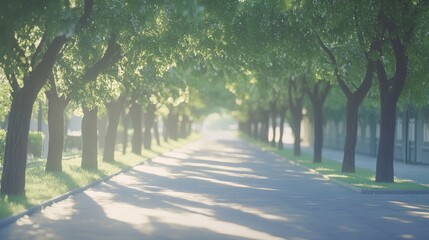 Fototapeta premium Serene tree-lined avenue in soft sunlight.