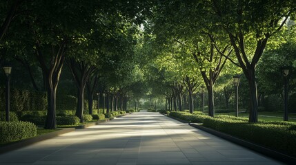Fototapeta premium Serene tree-lined pathway in lush greenery.