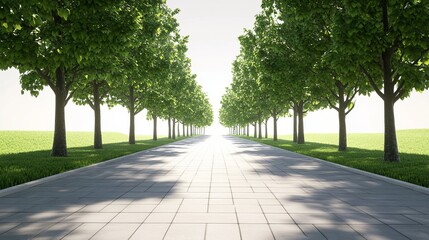 Serene tree-lined pathway under bright sunlight.