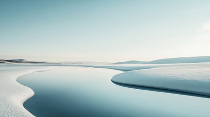 Serene winter landscape with calm water flow.