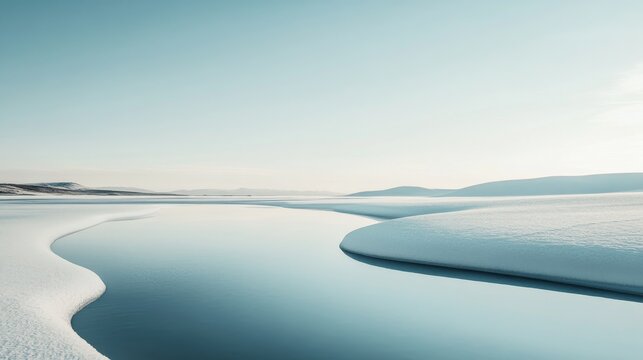 Serene winter landscape with calm water flow.