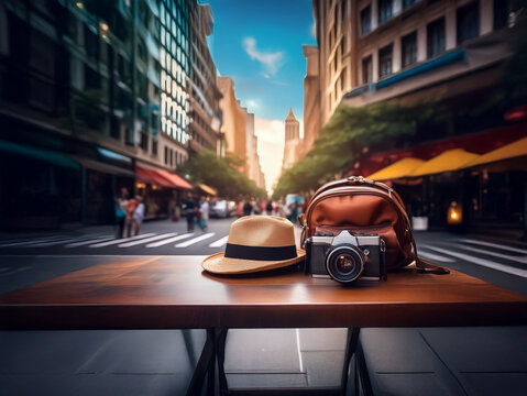 A vintage camera and hat rest on a city street table, suggesting a journey of urban exploration and photography.  The background shows a bustling cityscape at sunset.