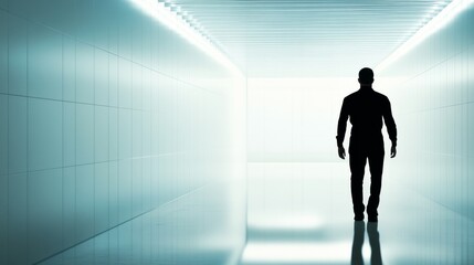 Fototapeta premium Silhouette of a person walking in a bright corridor.