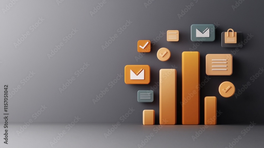 Poster glowing bar chart with floating icons on gray background