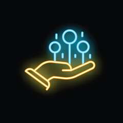 Neon icon of a hand holding a growing business graph on a black background