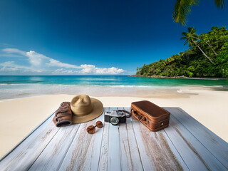 Obraz premium Tropical beach scene with a wooden surface holding a hat, sunglasses, camera, and vintage suitcase. Ready for adventure and relaxation.