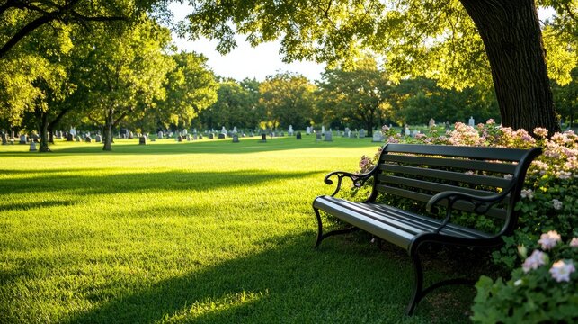 A peaceful spot featuring an empty bench in a cemetery, with tombstones, flowers, and greenery creating a somber atmosphere