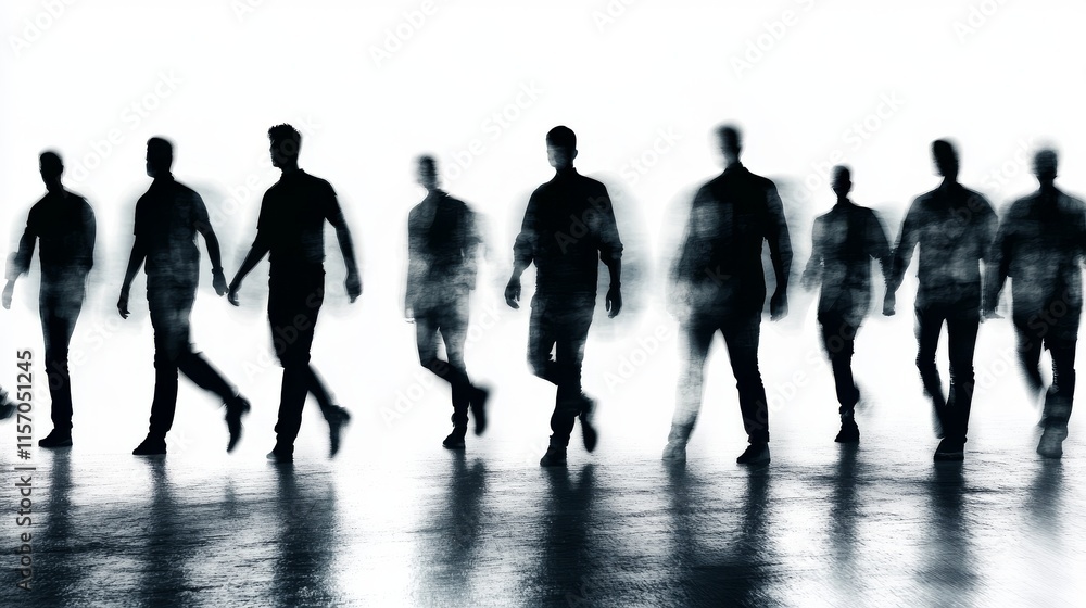 Poster silhouetted figures walking in an abstract space.