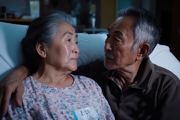 Fototapeta premium An elderly couple shares a heartfelt moment in a hospital setting, showcasing love and connection in the face of health challenges. Their expressions convey deep emotions.