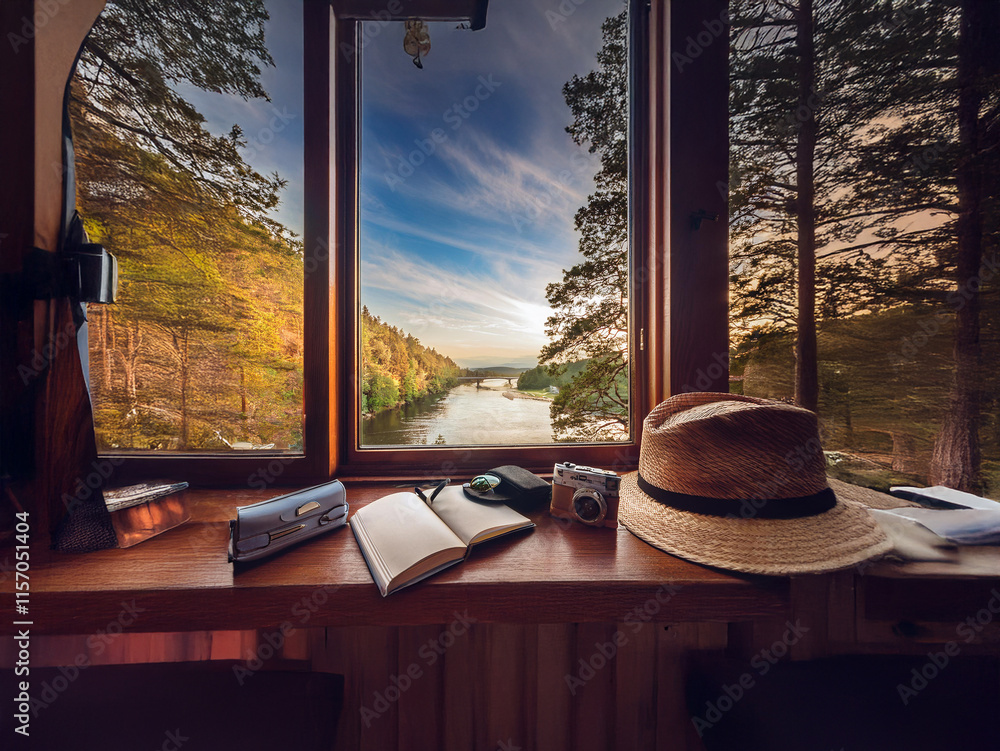 Poster serene autumnal view through a window, showcasing a tranquil river and forest. a rustic wooden windo