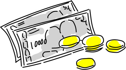 紙幣と硬貨のお金ラフな手描き線画