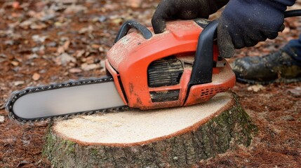 Chainsaw Cutting Tree Stump in Forest During Daylight Hours